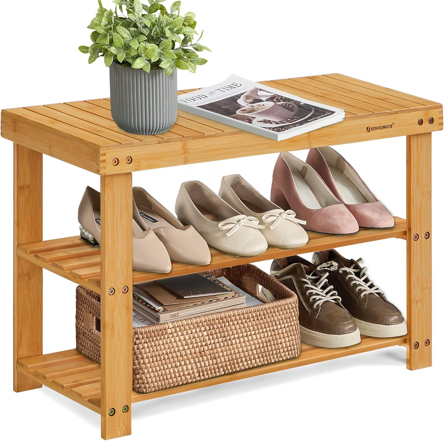 SONGMICS Shoe Rack Bench, 3-Tier Bamboo Shoe Storage