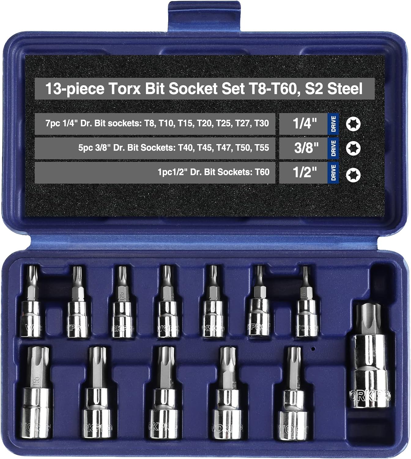 WORKPRO 13-Piece Torx Bit Socket Set T8-T60, 1/4",