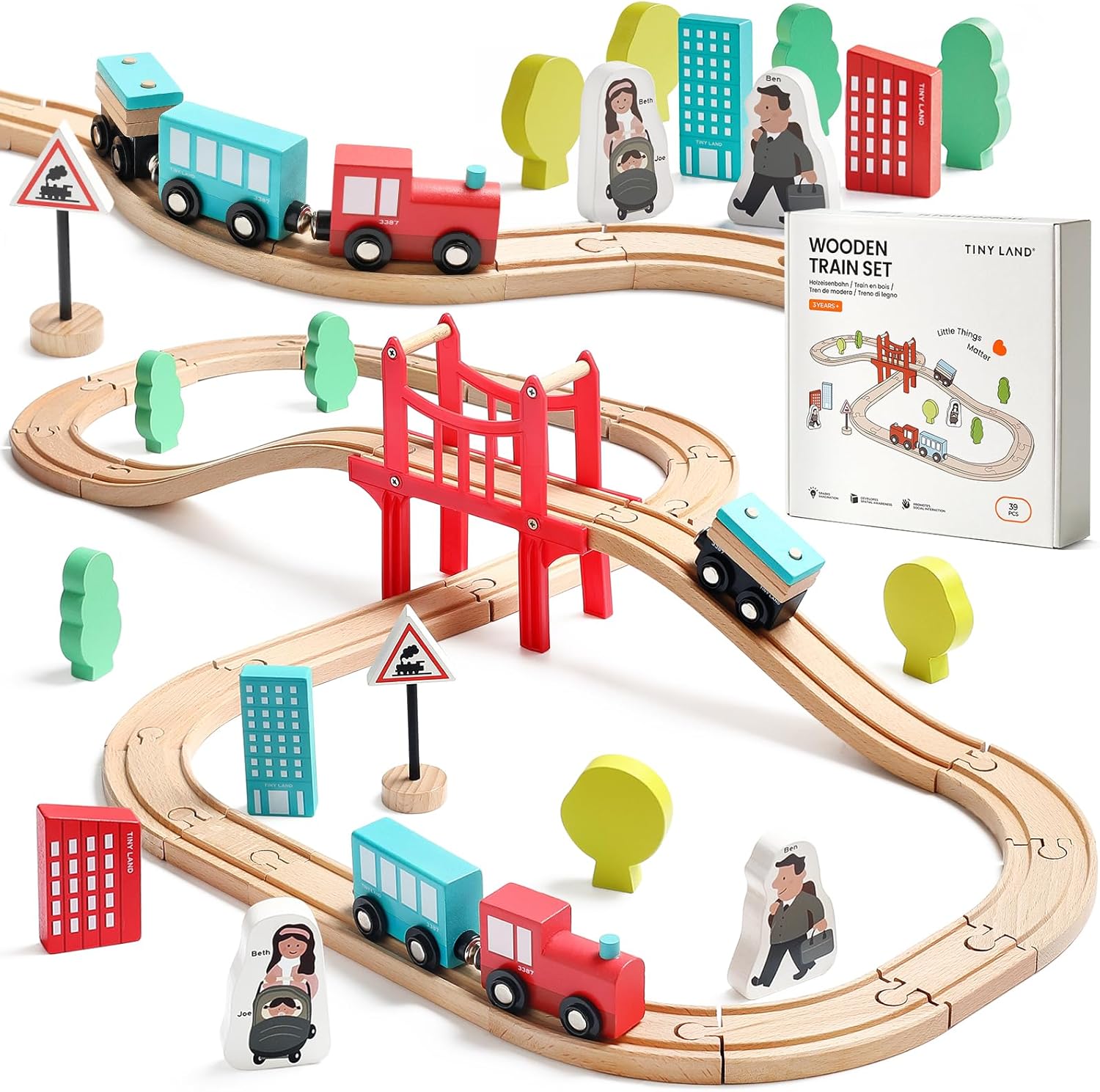 Tiny Land Wooden Train Set for Toddlers, 39