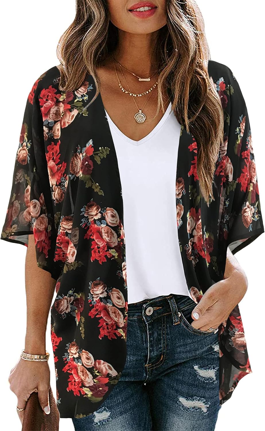 Women's Floral Print Puff Sleeve Kimono Cardigan Loose