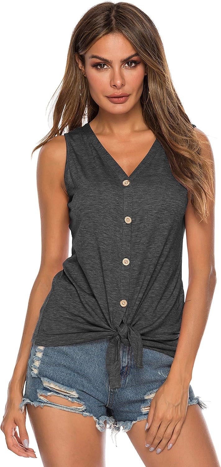 Women's Tie Knot Button Down Shirts Sleeveless Casual