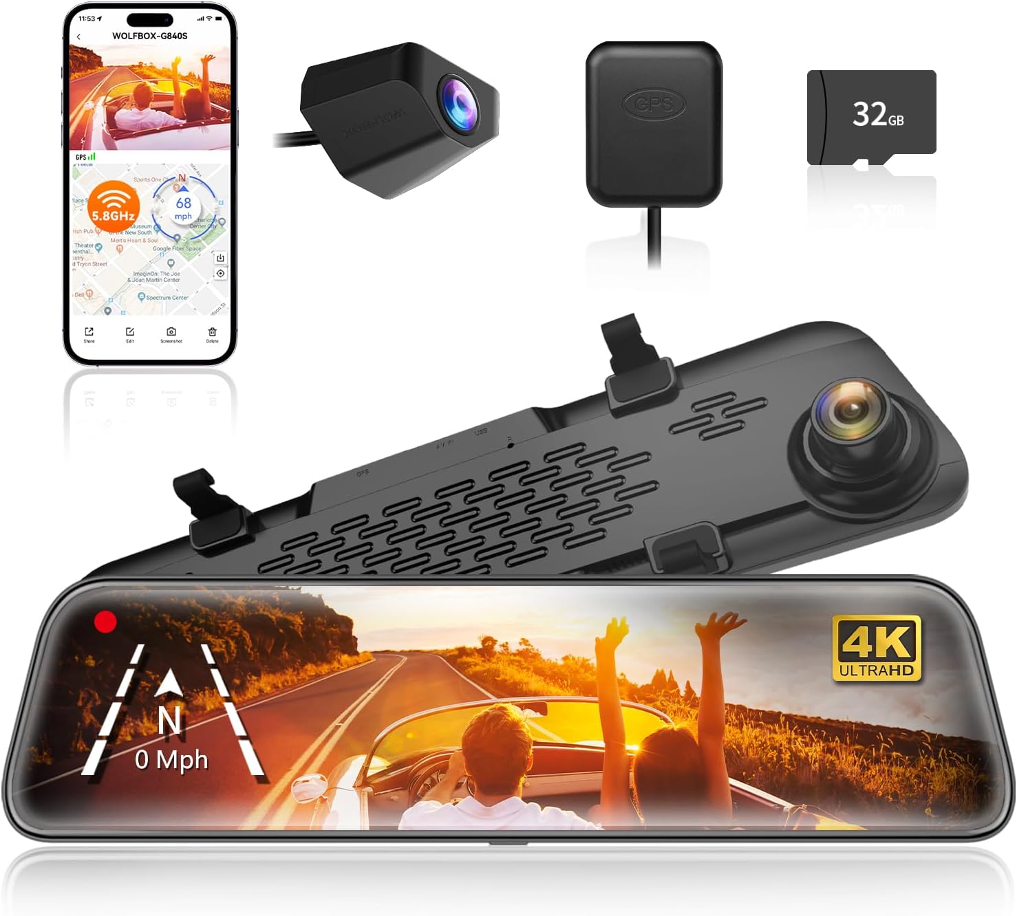 WOLFBOX G840S 12" 4K Mirror Dash Cam Backup