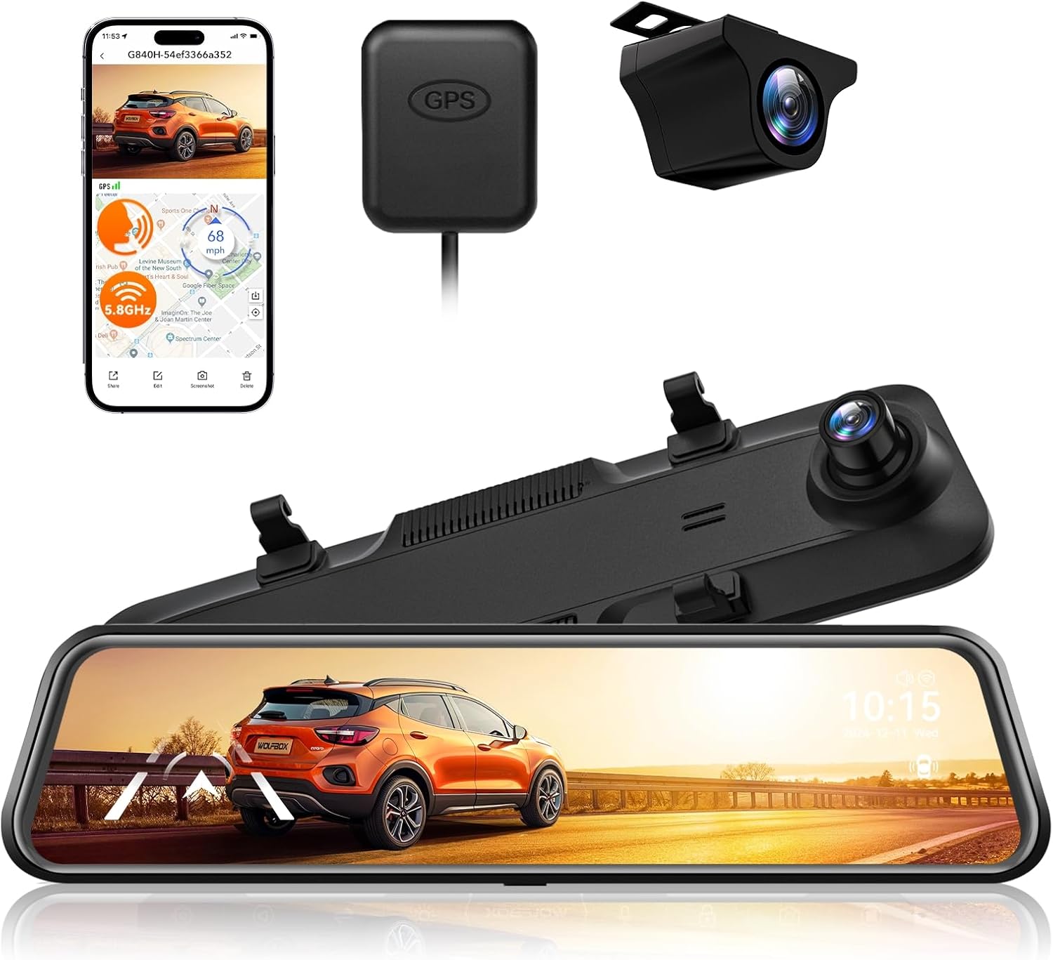 WOLFBOX G840H 12'' Mirror Dash Cam with ADAS