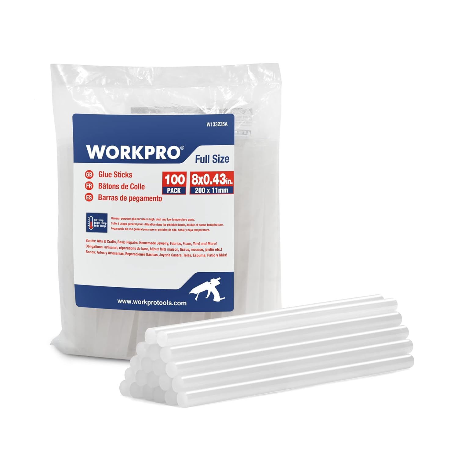 WORKPRO Full Size Hot Glue Sticks, 100-pack, 0.43x8