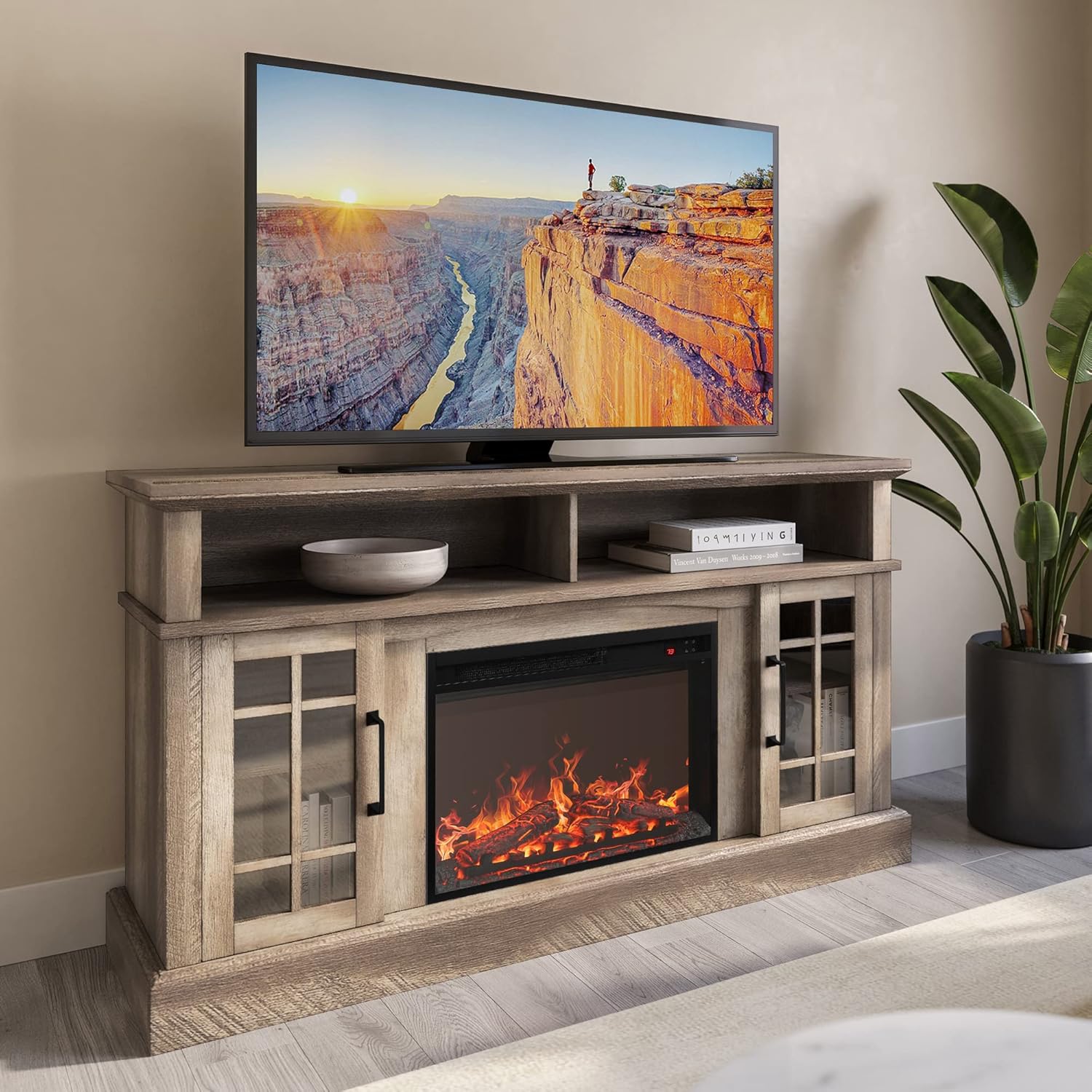 BELLEZE Traditional 58-Inch Rustic TV Stand with 23-Inch
