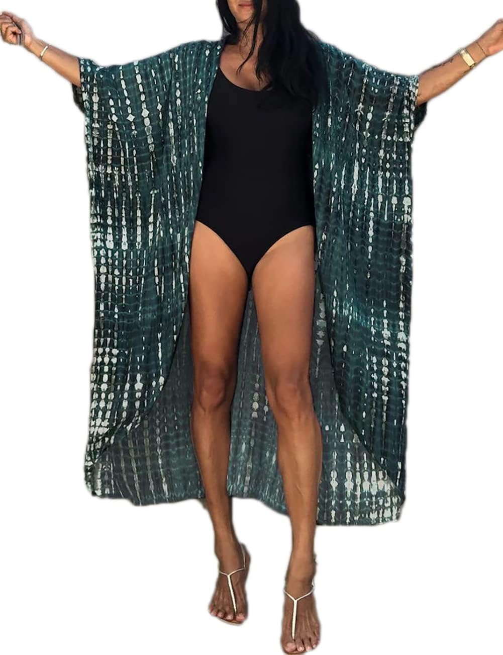 Bsubseach Stylish Tie Dye Open-Front Long Kimono Swimsuit