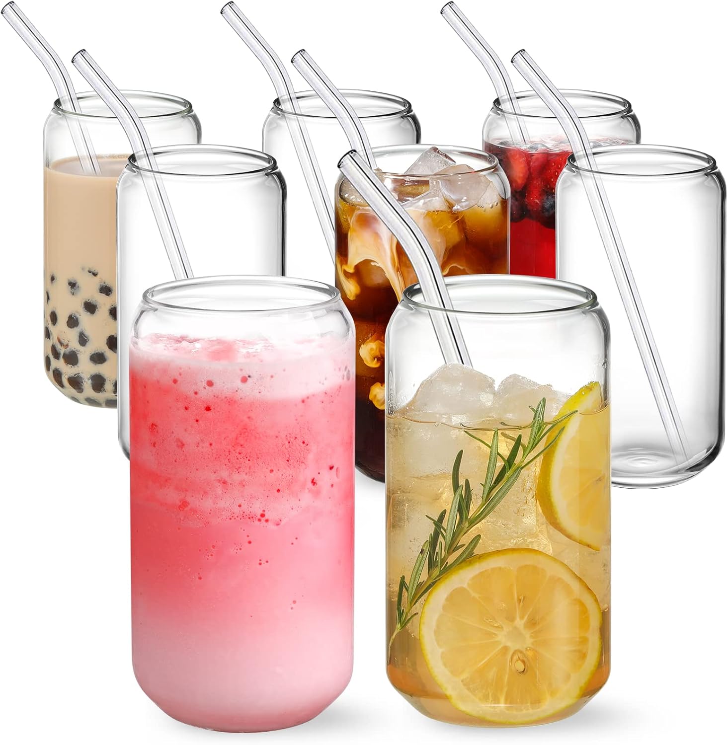 NETANY 8-Piece Drinking Glasses with Glass Straws, 16oz