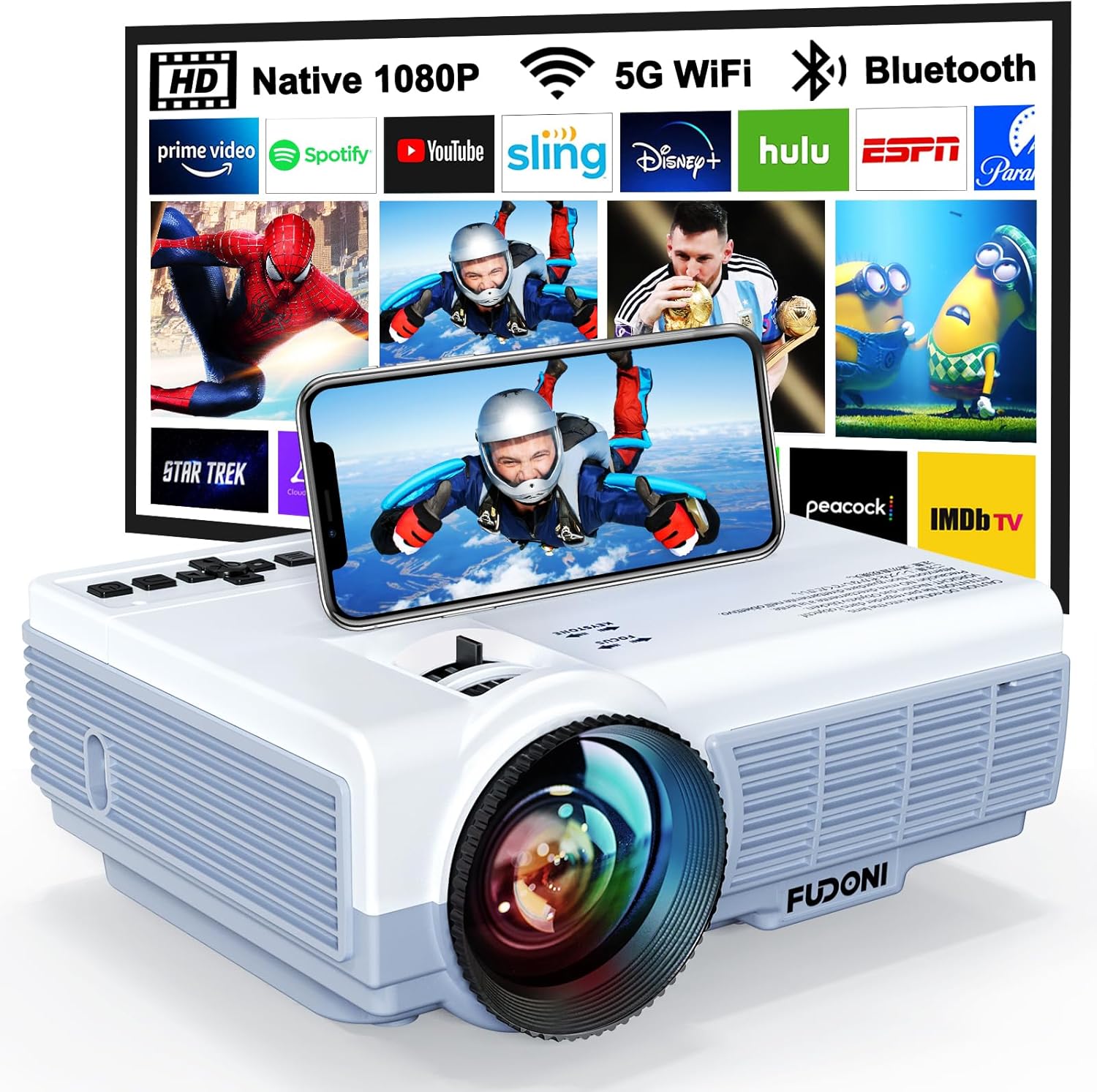 FUDONI Projector with 5G WiFi & Bluetooth, Native
