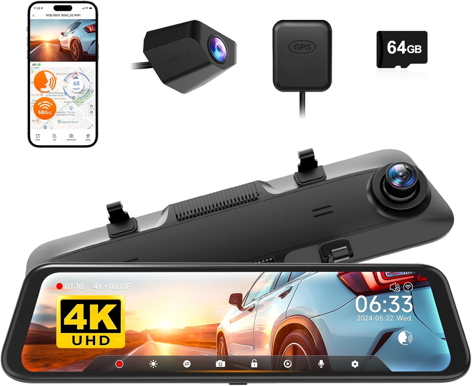 WOLFBOX G850 12" 4K Rear View Mirror Camera