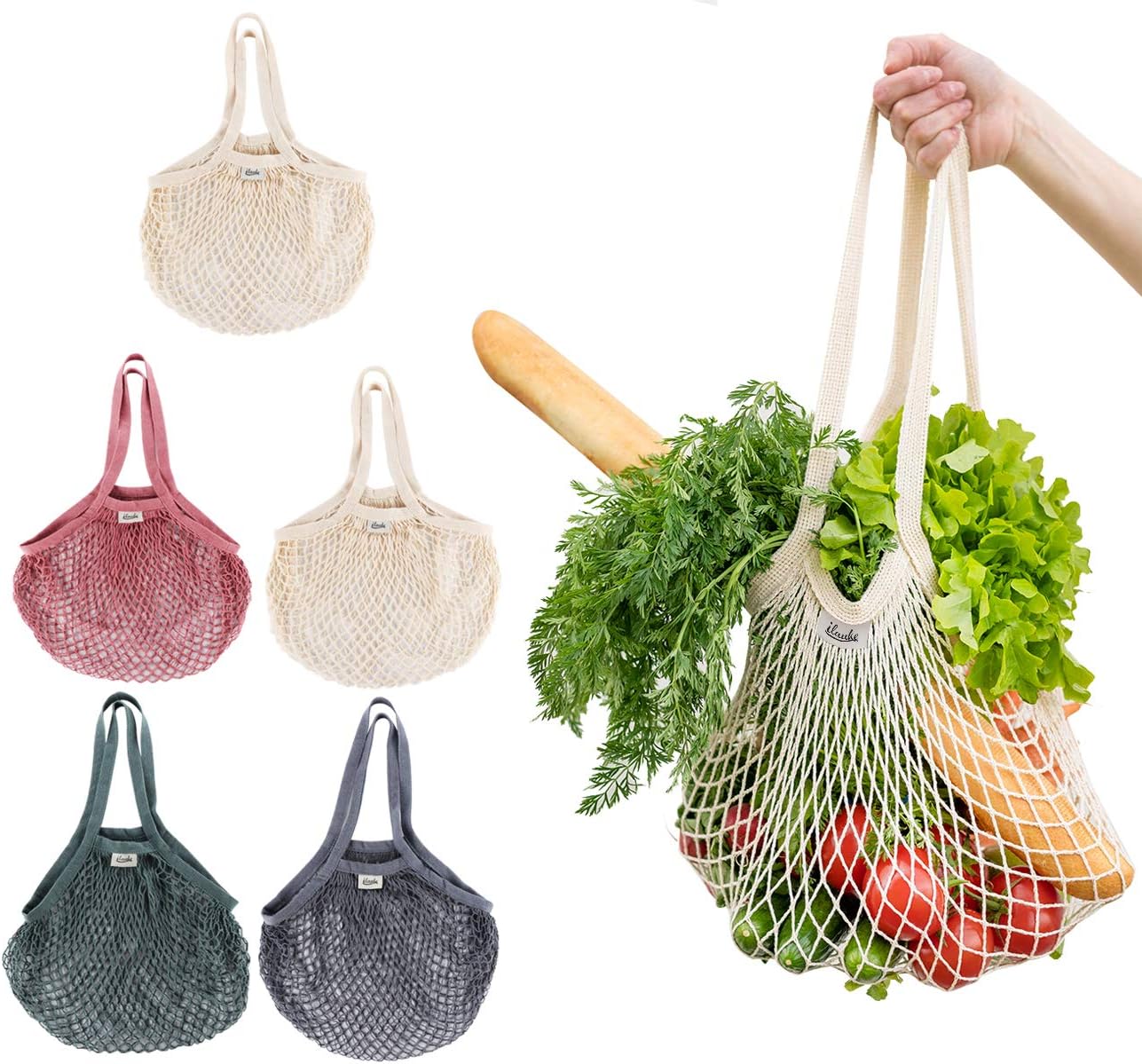 Mesh Grocery Bags, 5 Pack Reusable Washable Cotton