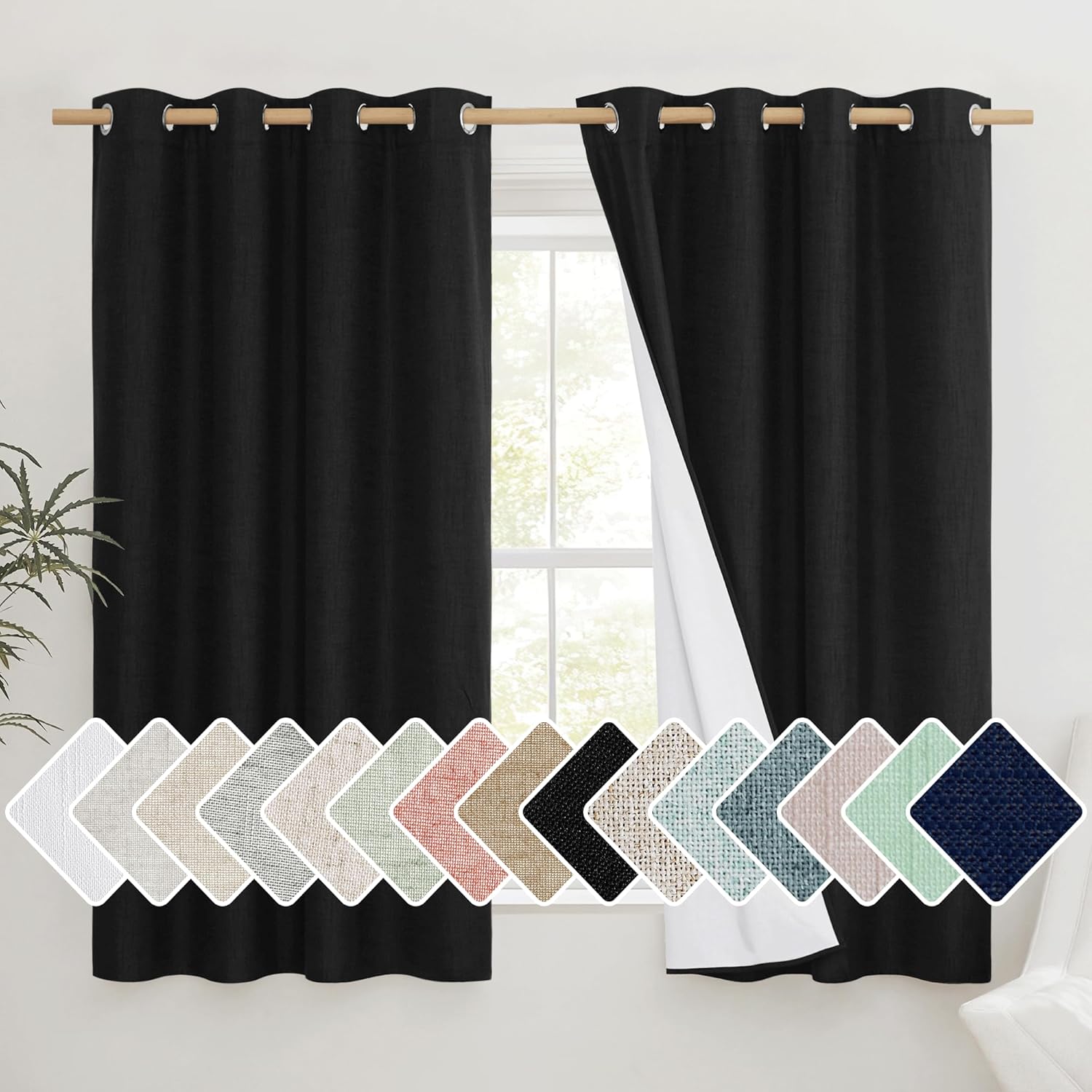 NICETOWN Black Truly Blackout Linen Blend Flax Drapes
