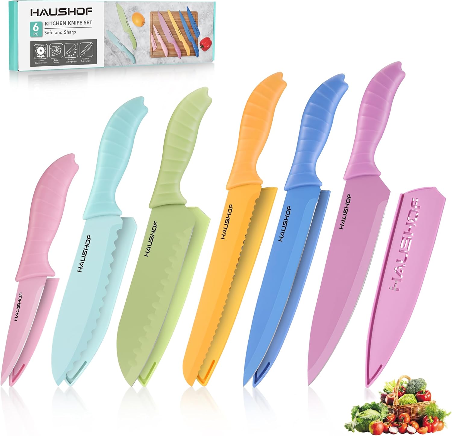 HAUSHOF 12-Piece Colorful Kitchen Knife Set with 6