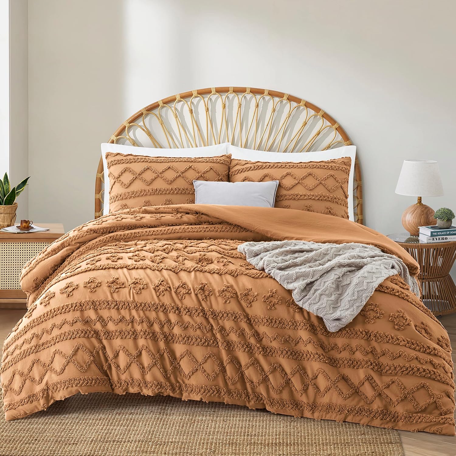 Queen Comforter Set, Pumpkin Brown Tufted Boho Bedding