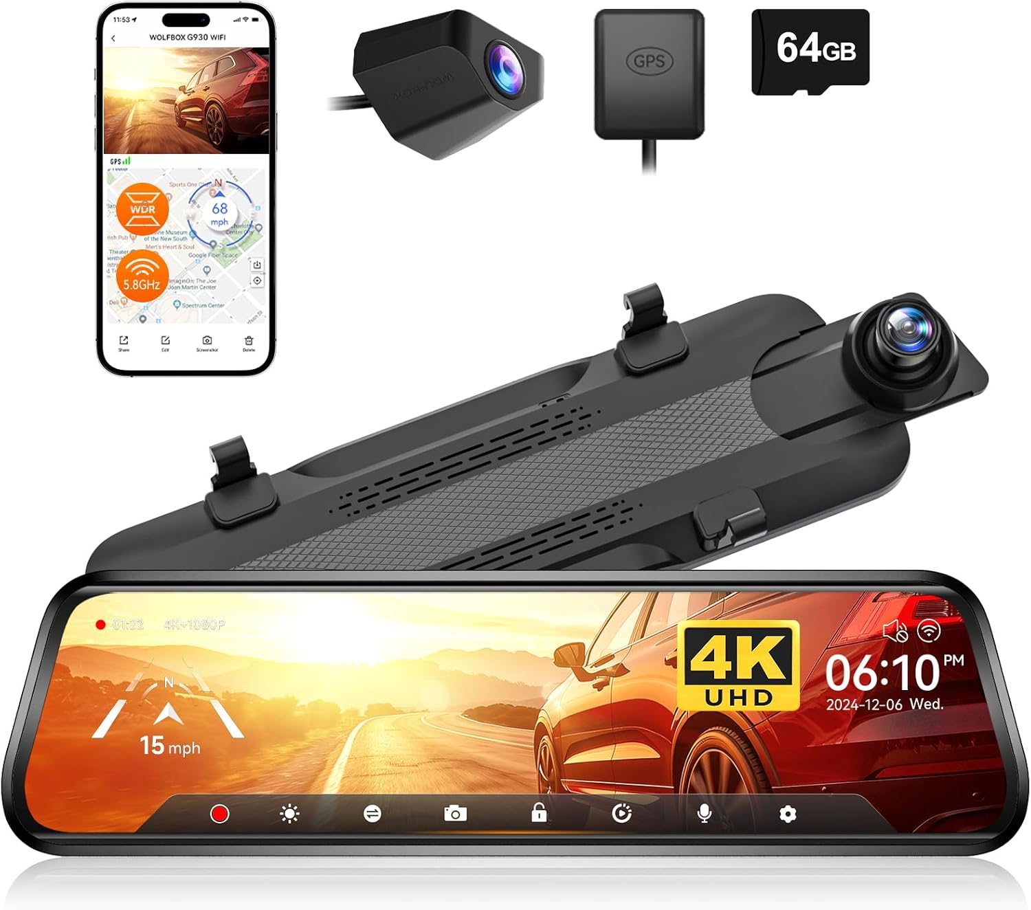 WOLFBOX G930 10'' Rear View Mirror Camera with