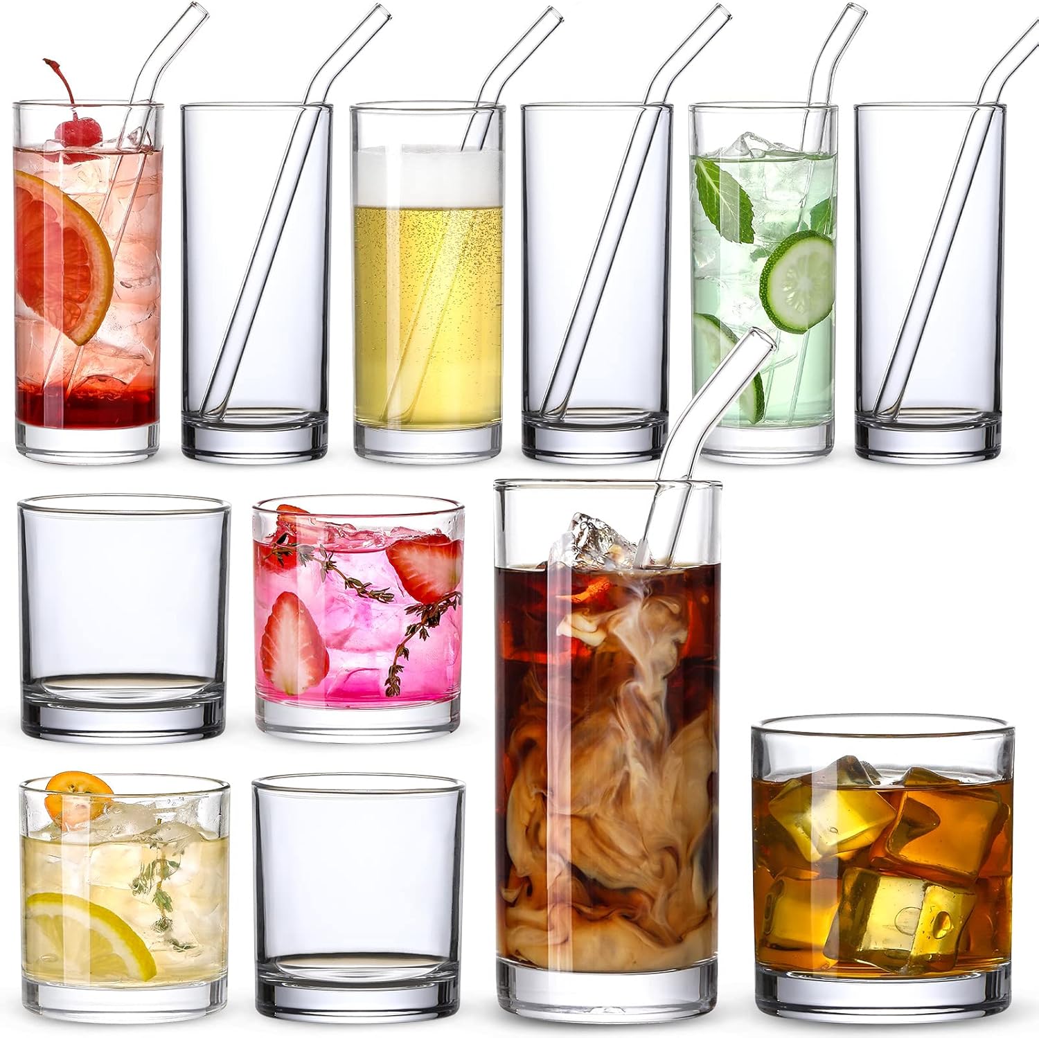 12-Pack Glass Cups with Glass Straws, 12oz Highball