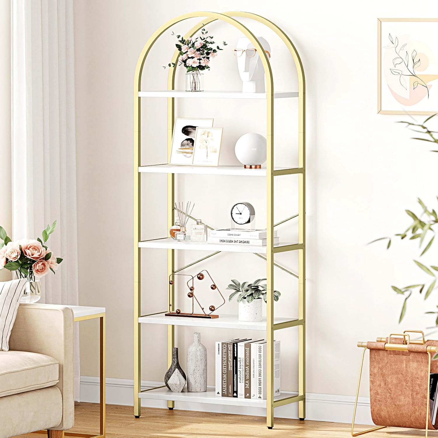 IDEALHOUSE Bookshelf 5 Tier Bookcase Arched Display Racks