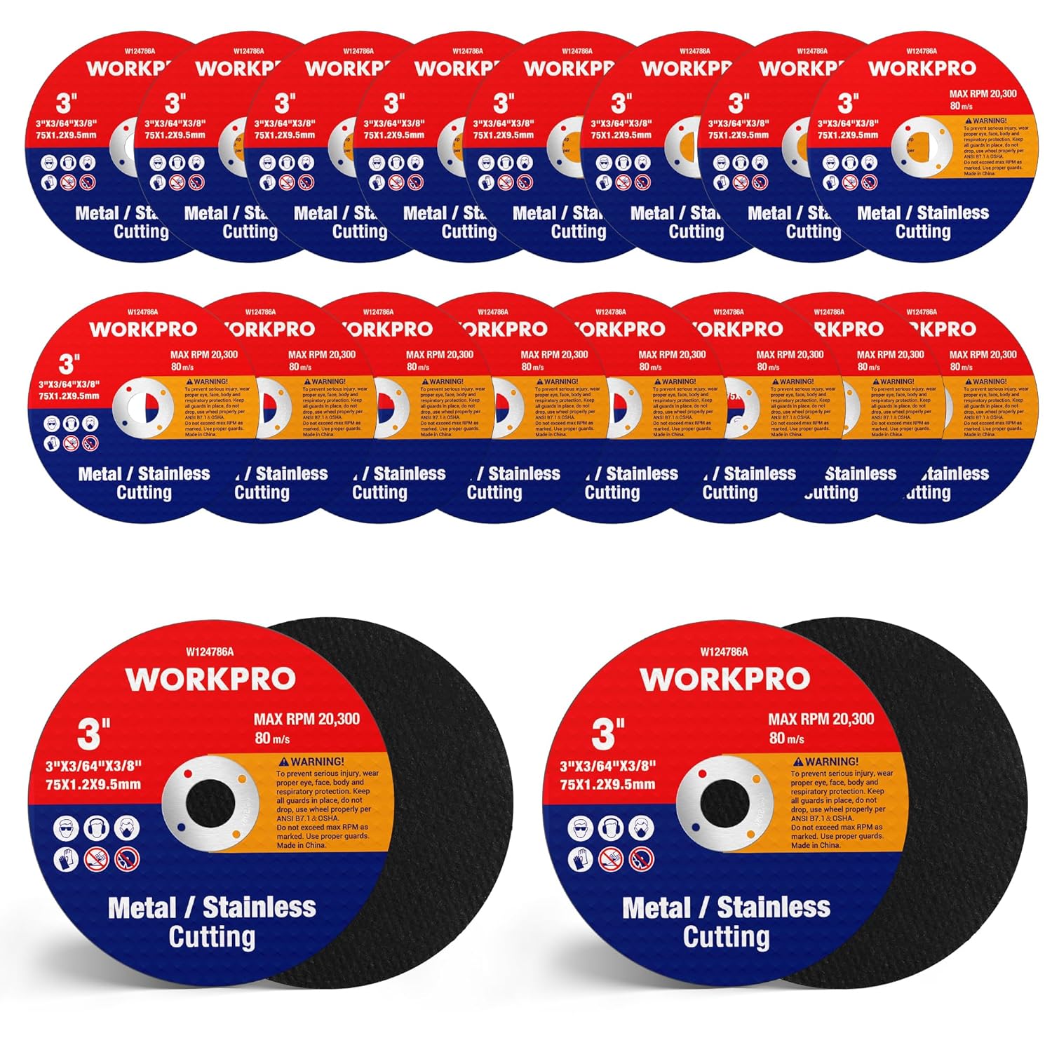 WORKPRO 20-Pack Cut-Off Wheels, 3 x 3/8 Inch