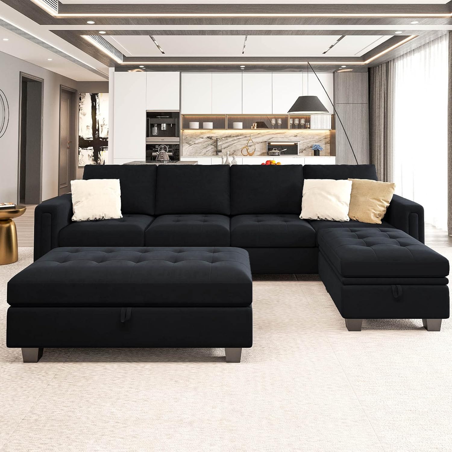 Belffin Velvet Convertible 4-Seat Sectional Sofa with Reversible