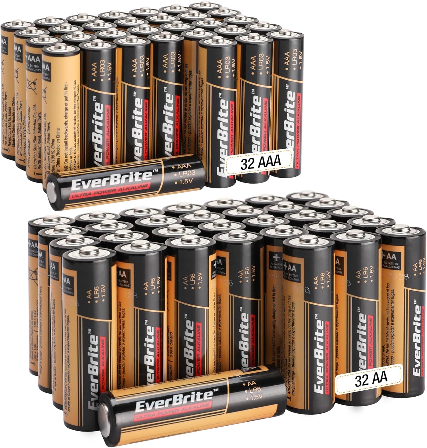 EverBrite 64pcs High Performance Alkaline Battery, 32-Pack AAA