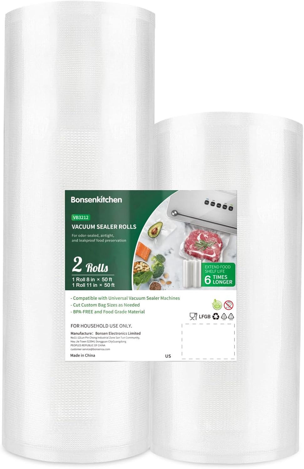Bonsenkitchen Vacuum Food Sealer Rolls Bags, 8" x