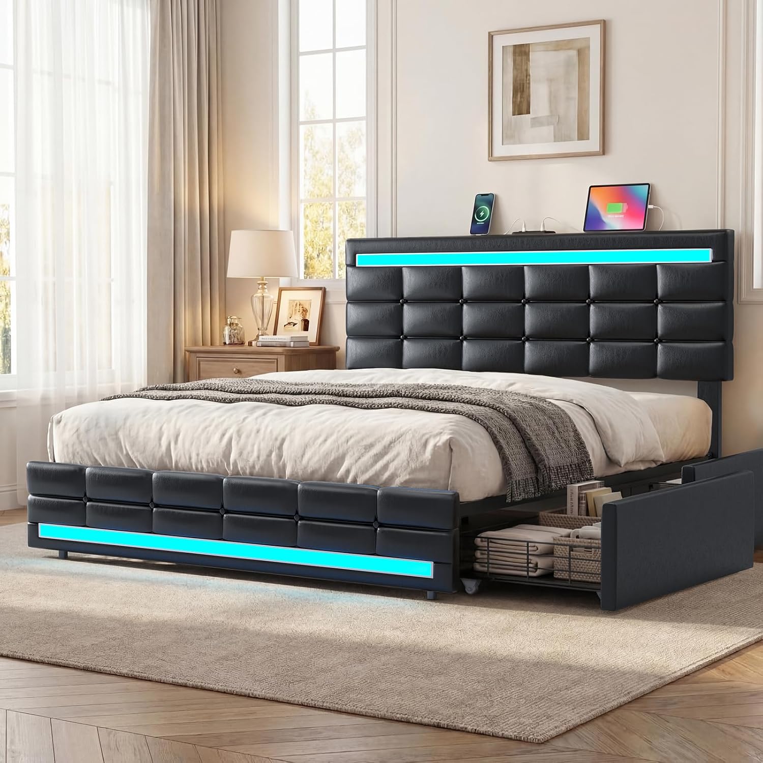 ADORNEVE Queen Bed Frame with 4 Storage Drawers,