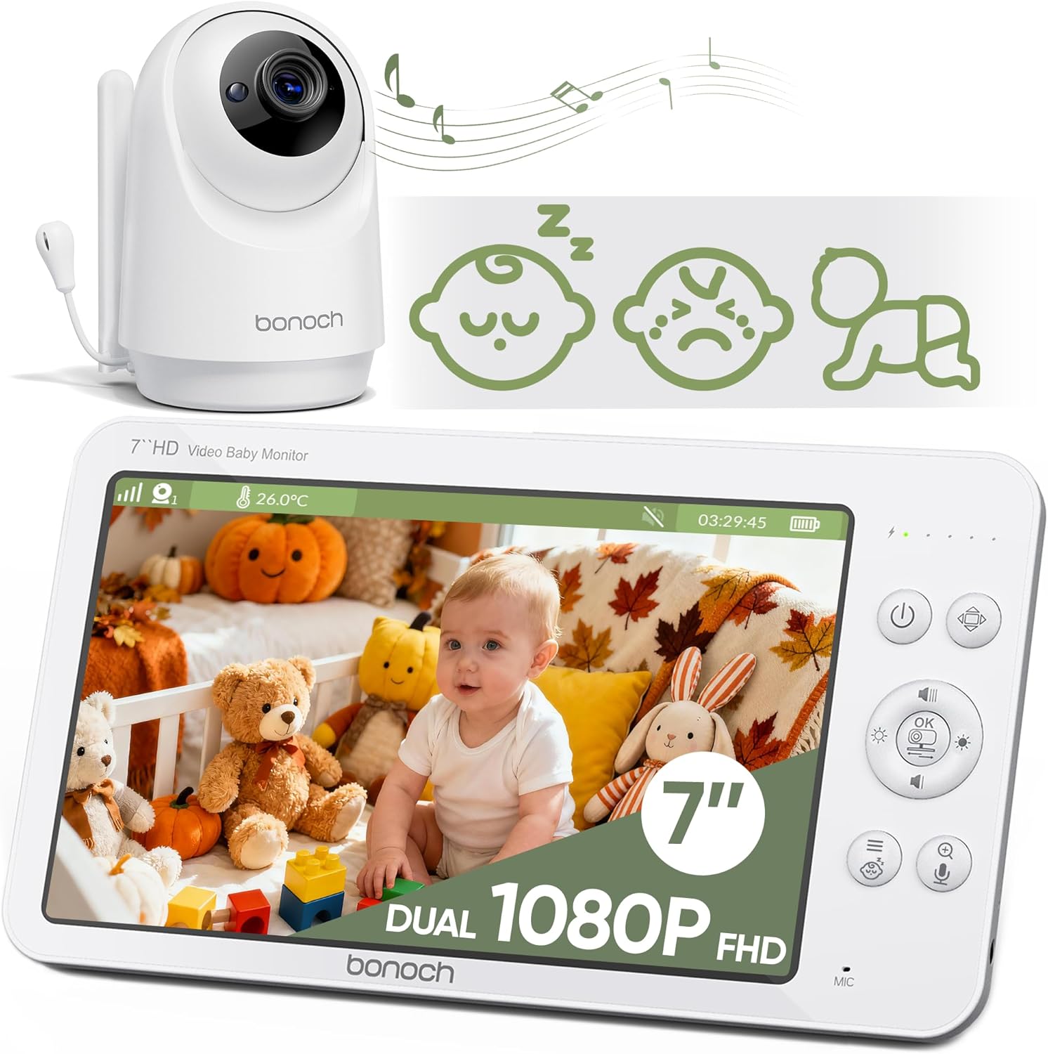 bonoch Baby Monitor No WiFi, 7" 1080P MegaView
