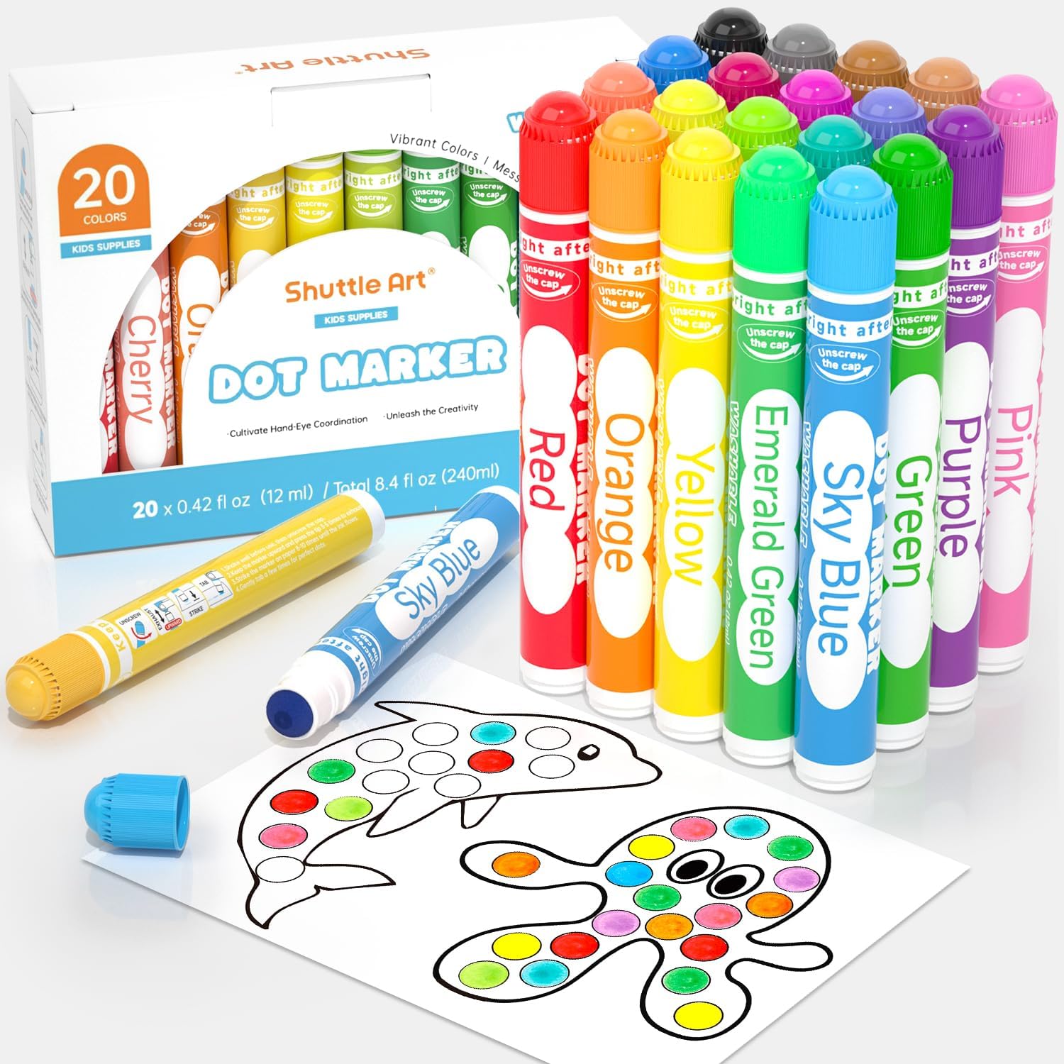Shuttle Art Dot Markers, 20 Colors Washable Markers