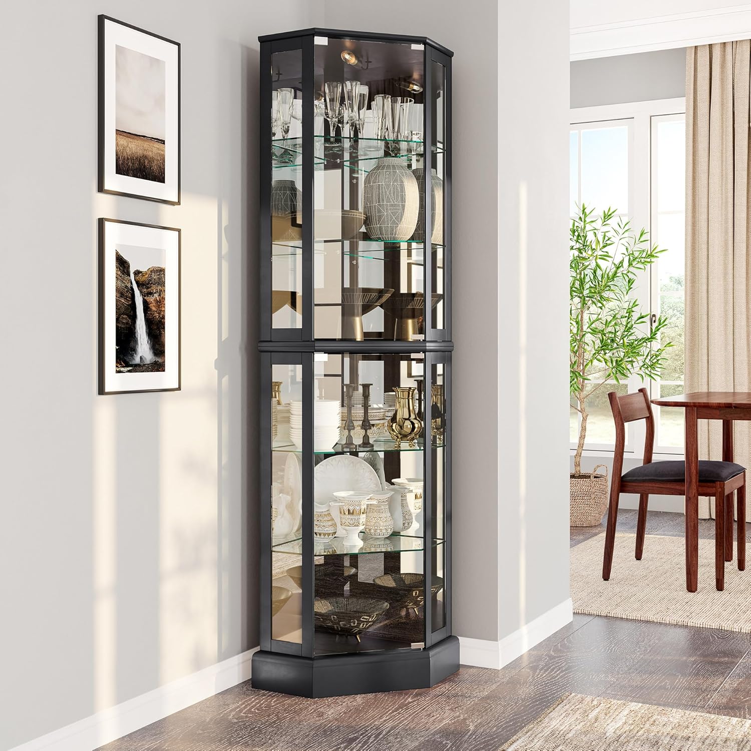 BELLEZE Lighted 3-Side Glass Display Curio Cabinet with