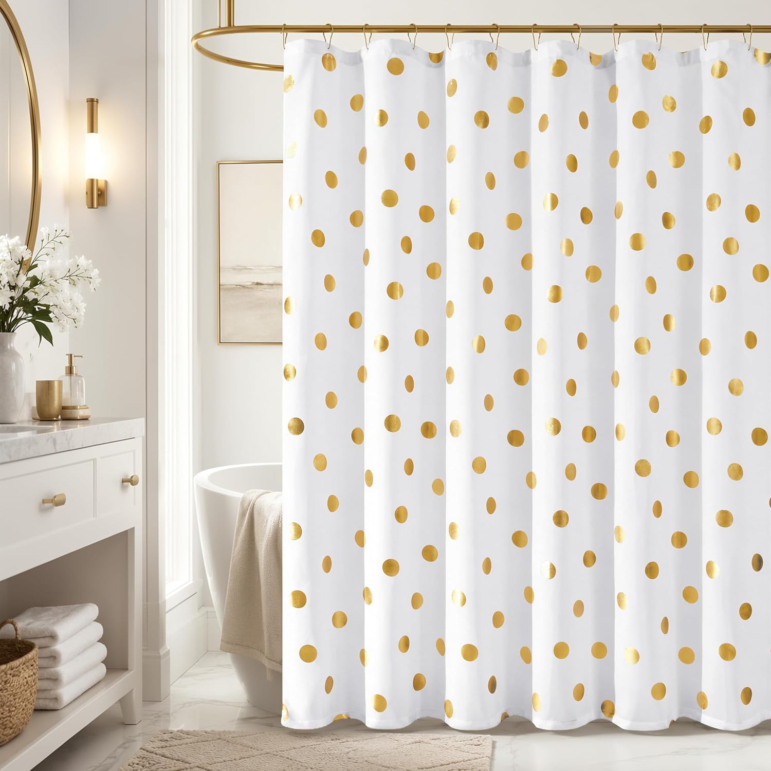 jinchan White and Gold Polka Dot Shower Curtain,