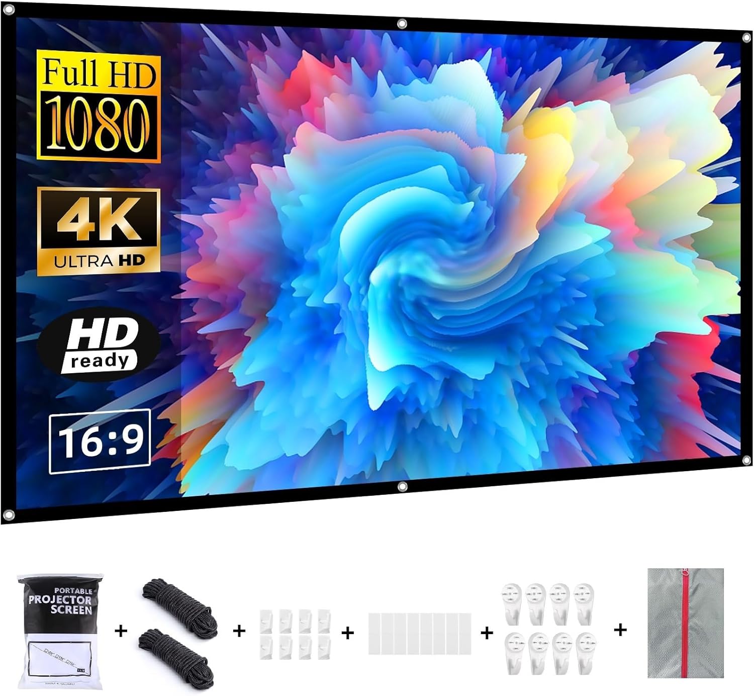 Projector Screen Portable Indoor Outdoor Movie Screen,16:9/Foldable/Anti-Crease/1.1 Gain/160°Viewing/Washable