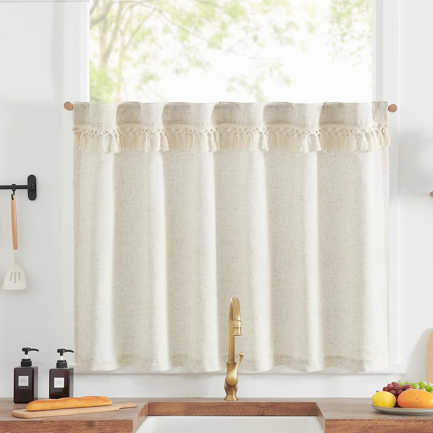 jinchan Linen Cafe Tier Curtain with Tassels, 36