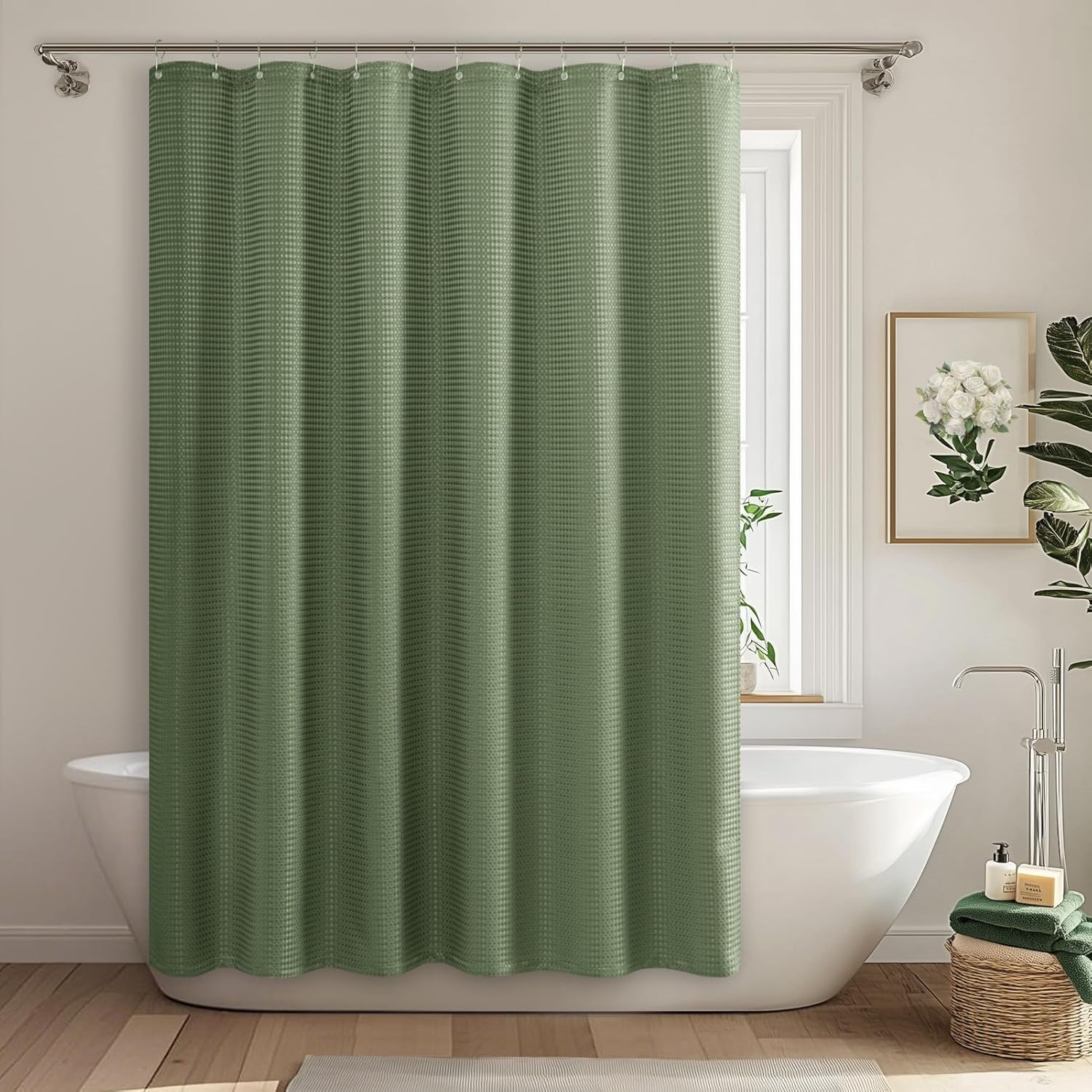 jinchan Sage Green Waffle Weave Shower Curtain, Honeycomb