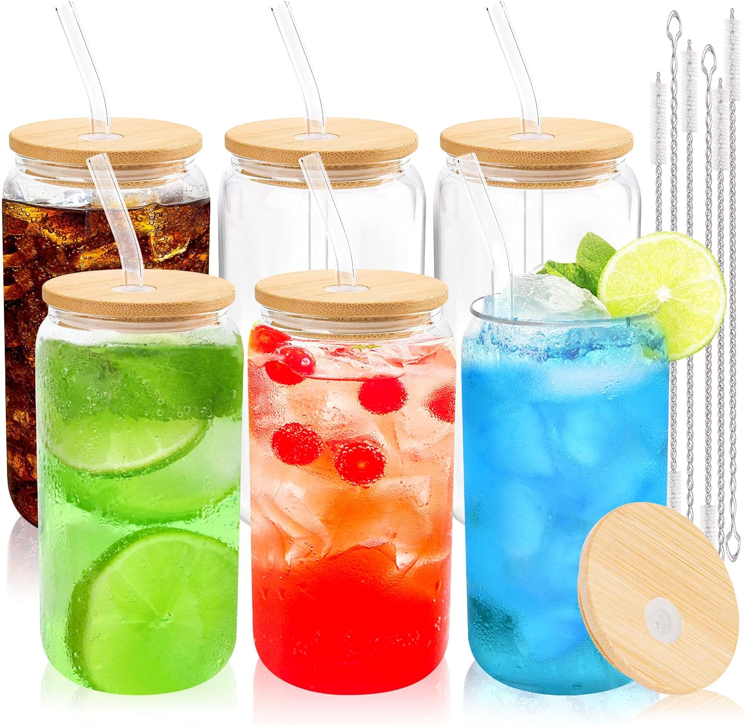 Joyclub Glass Cups with Bamboo Lids and Straws