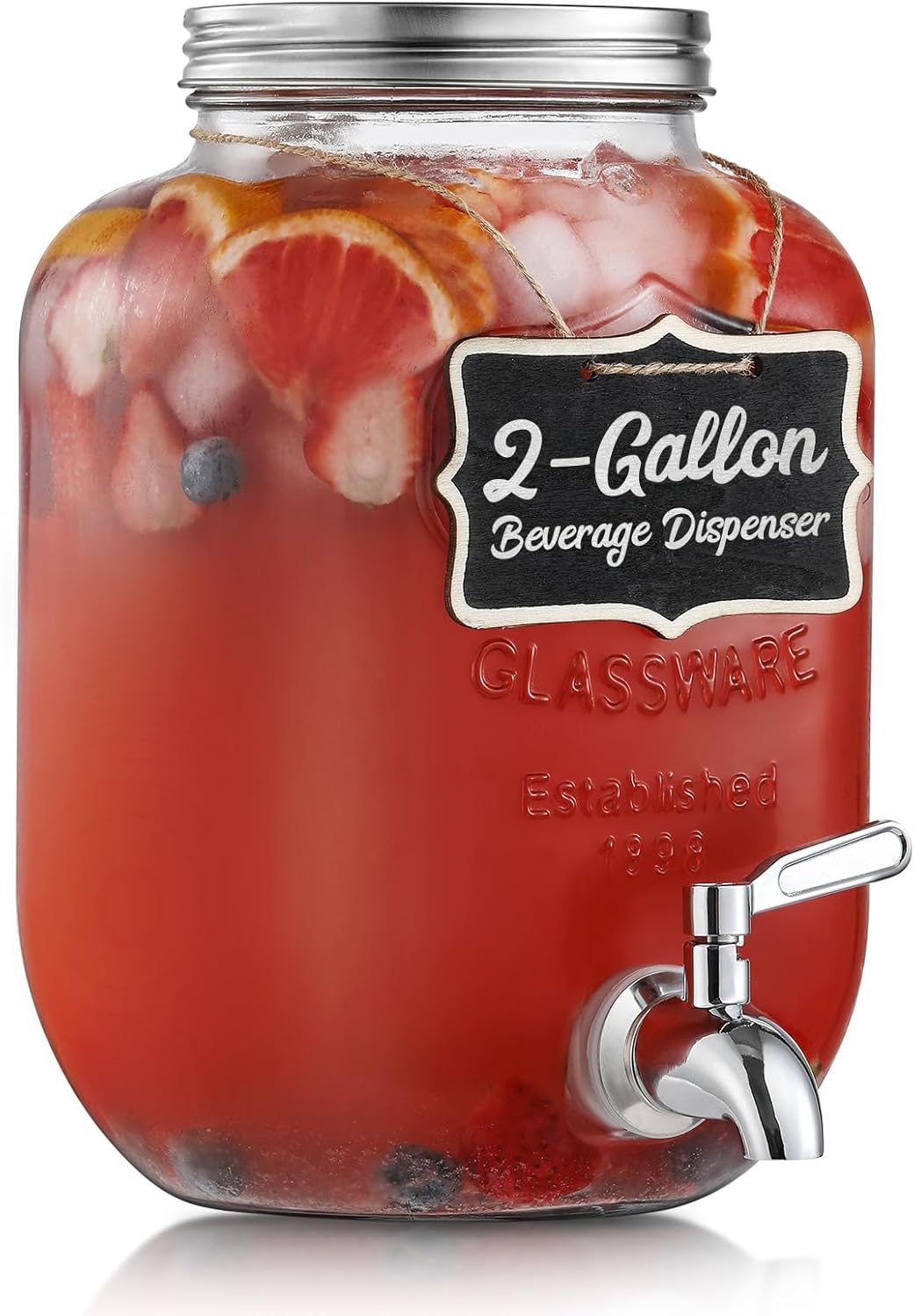 2 Gallon Glass Beverage Dispenser, 18/8 Stainless Steel