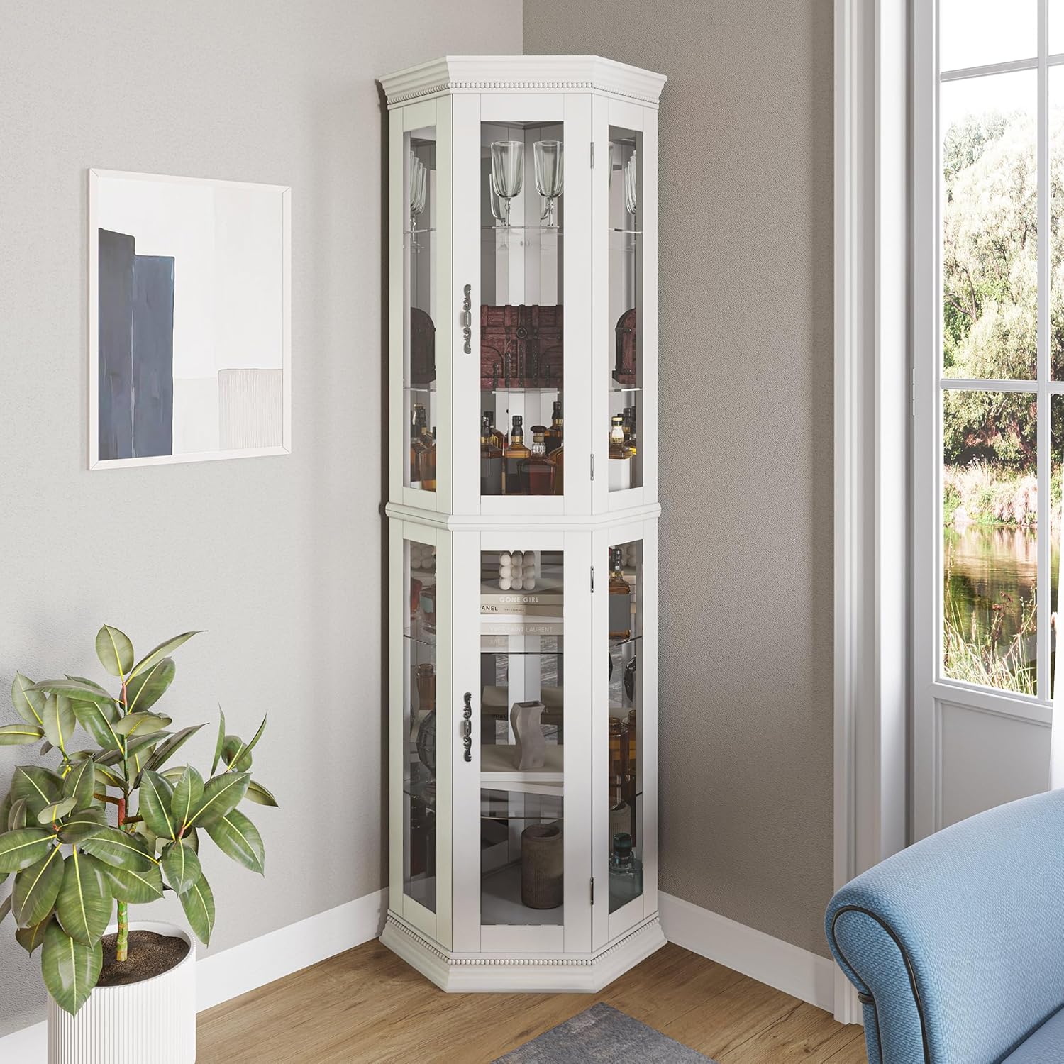BELLEZE Lighted 3-Side Glass Display Curio Cabinet w/Tempered