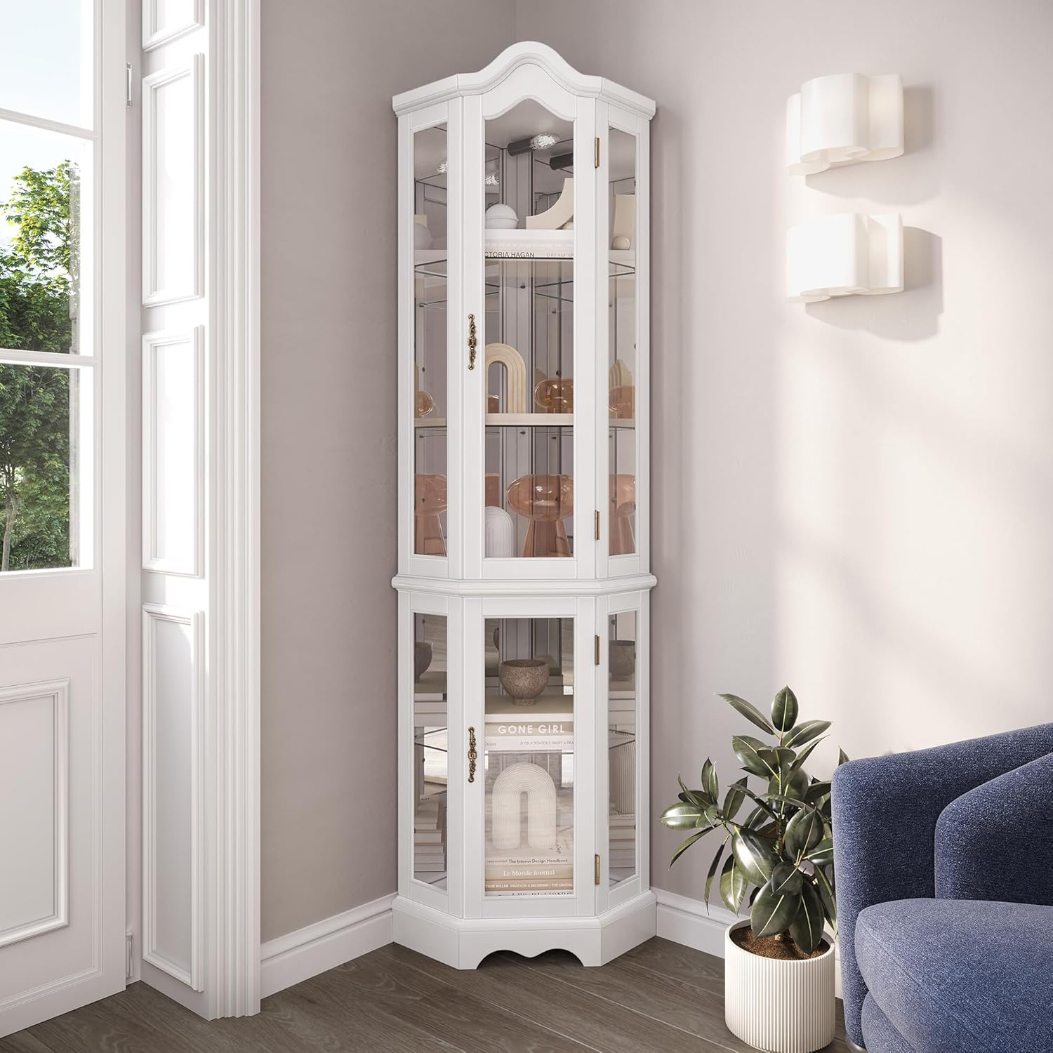 BELLEZE Lighted 3-Side Glass Display Curio Cabinet w/