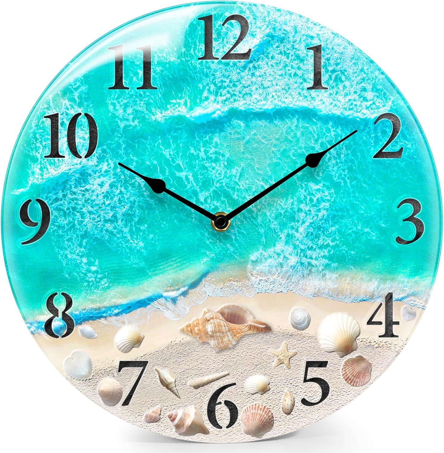Coastal Nautical Glass Wall Clock with Seashell Design
