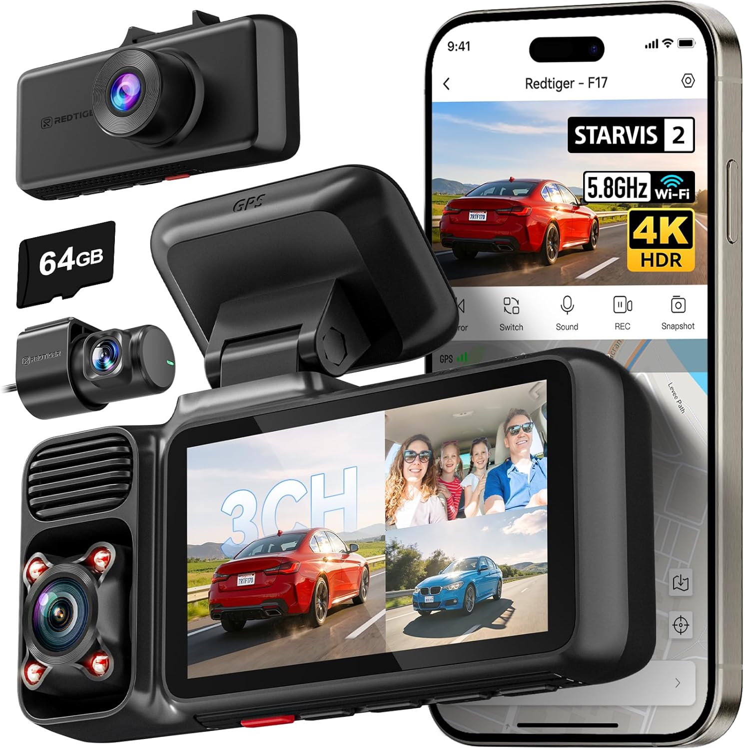 REDTIGER F17 4K 3-Channel Dash Cam, STARVIS 2