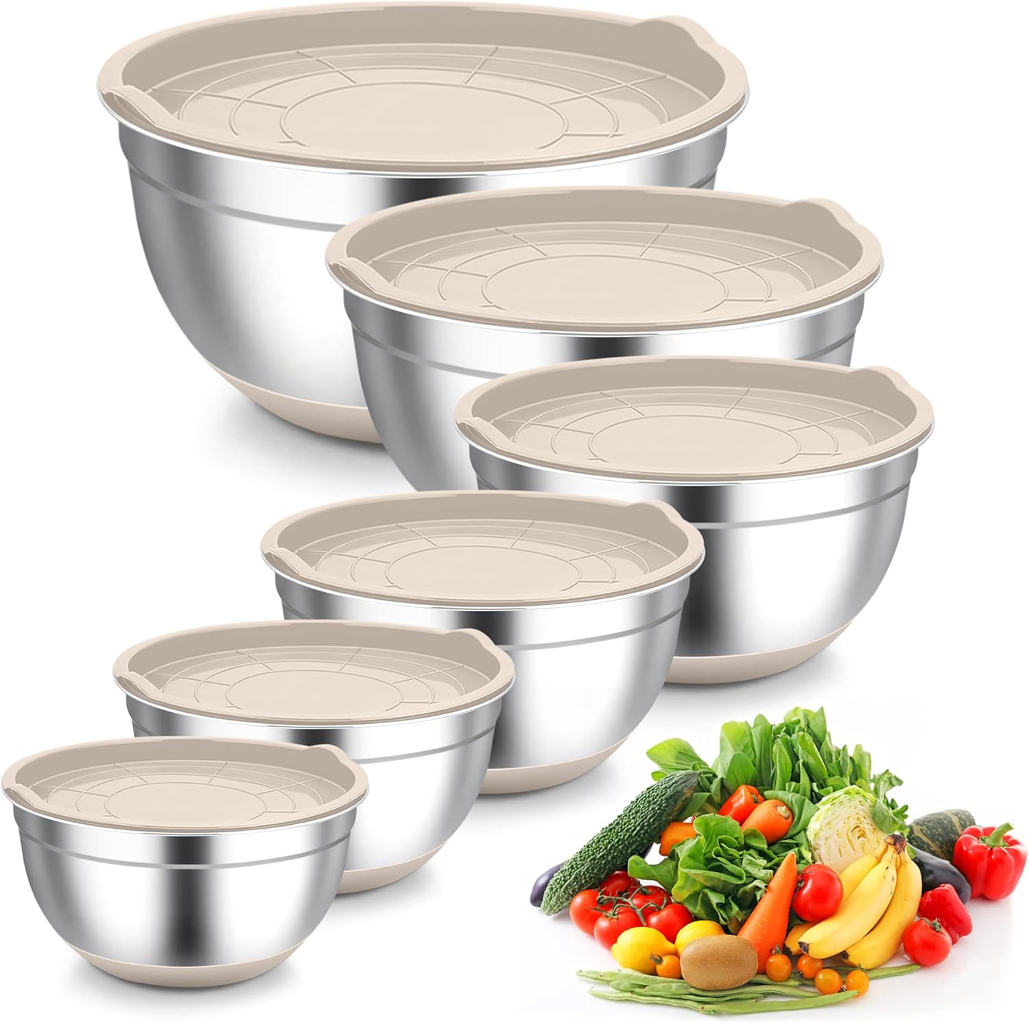 TeamFar Khaki Mixing Bowls, 6-Piece Stainless Steel Nesting