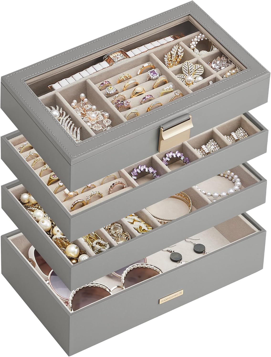 SONGMICS Stackable Jewelry Trays, 4-Tier Jewelry Box, Drawer