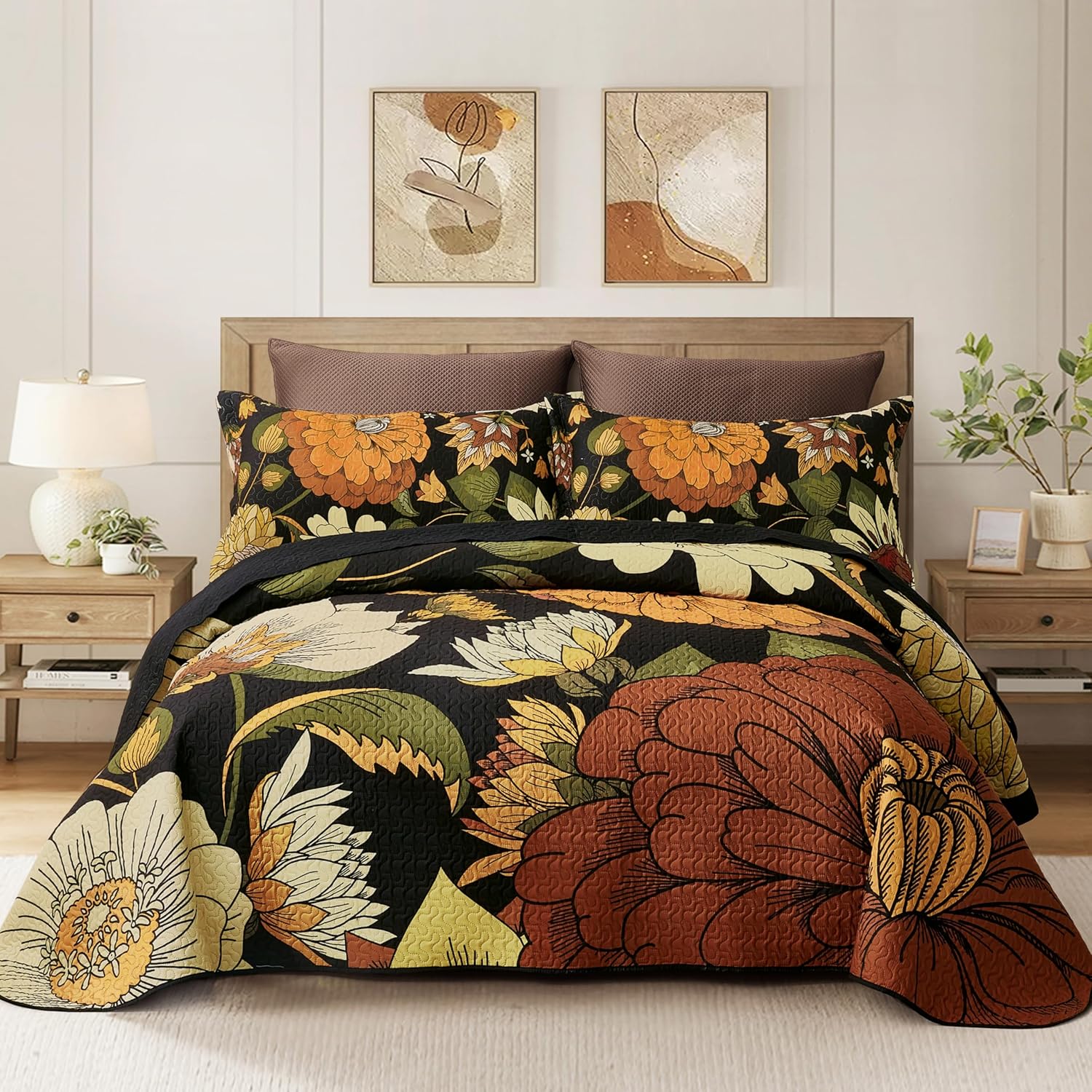 Tyrot 3 Piece Black Boho Floral Full/Queen Quilt