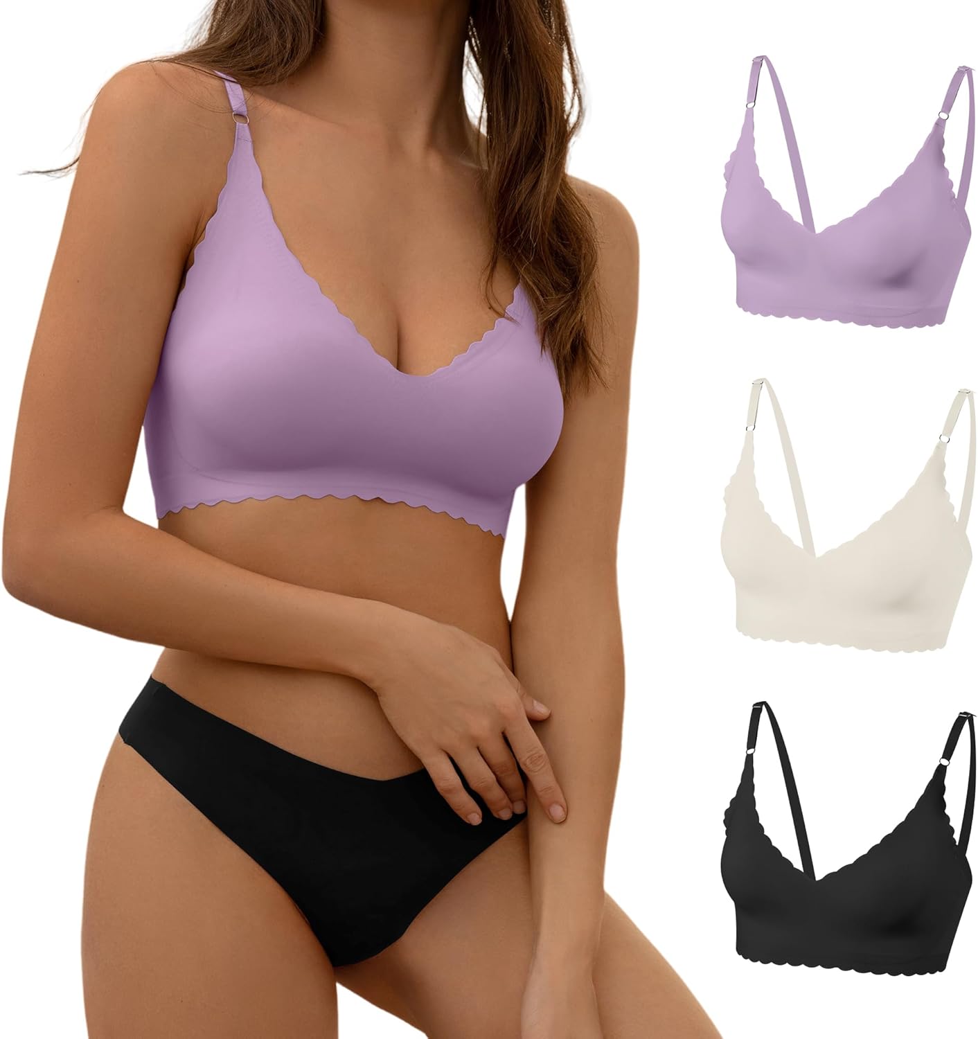 DEANGELMON V-Neck Padded Seamless Bralettes, Adjustable Straps, Everyday