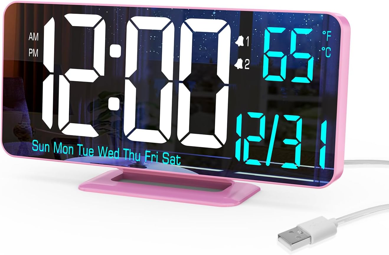 KOSUMOSU Pink Digital Clock for Bedroom 6.7in Dual
