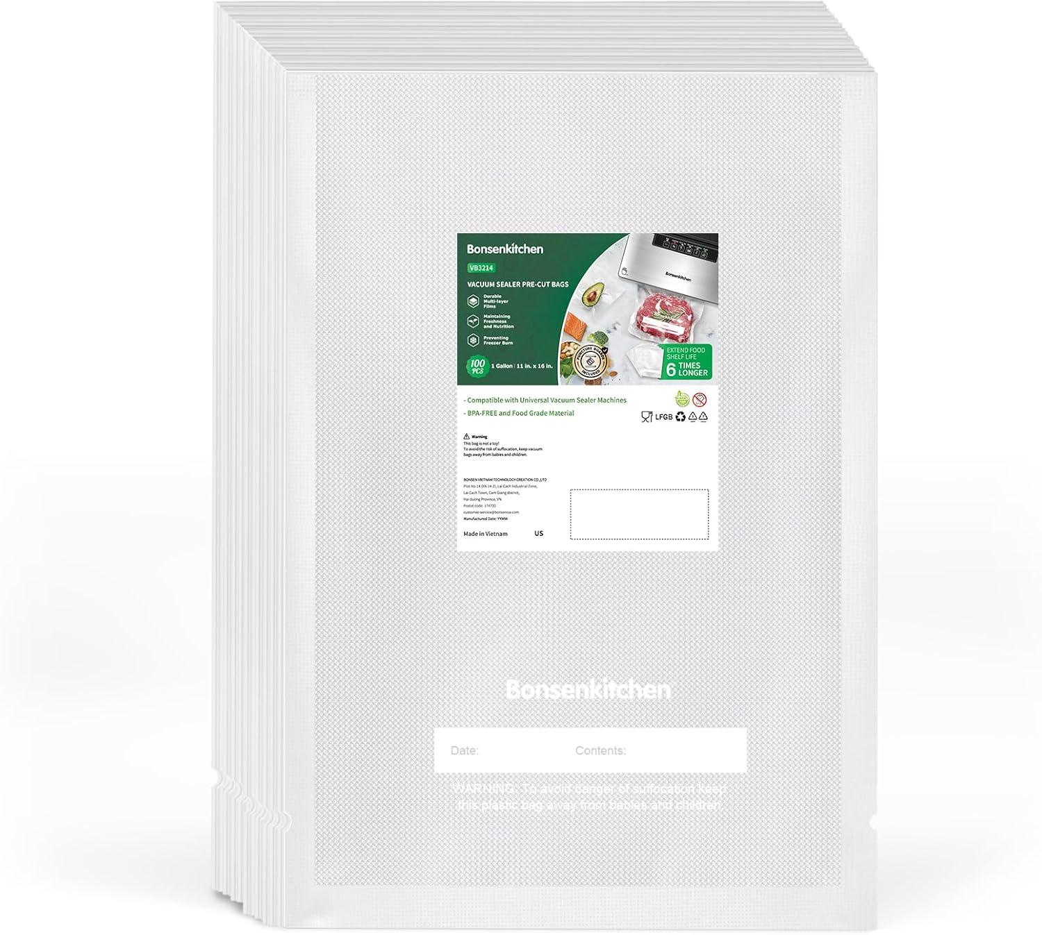 Bonsenkitchen Precut Vacuum Sealer Bags, 100 Gallon 11"