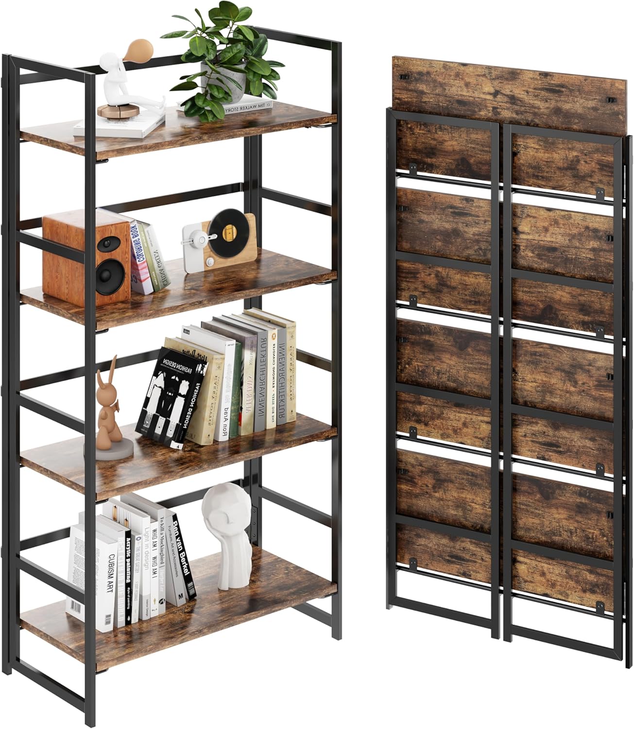 BHG Vintage Multifunctional Folding Bookshelf, No-Assembly Plant Stand