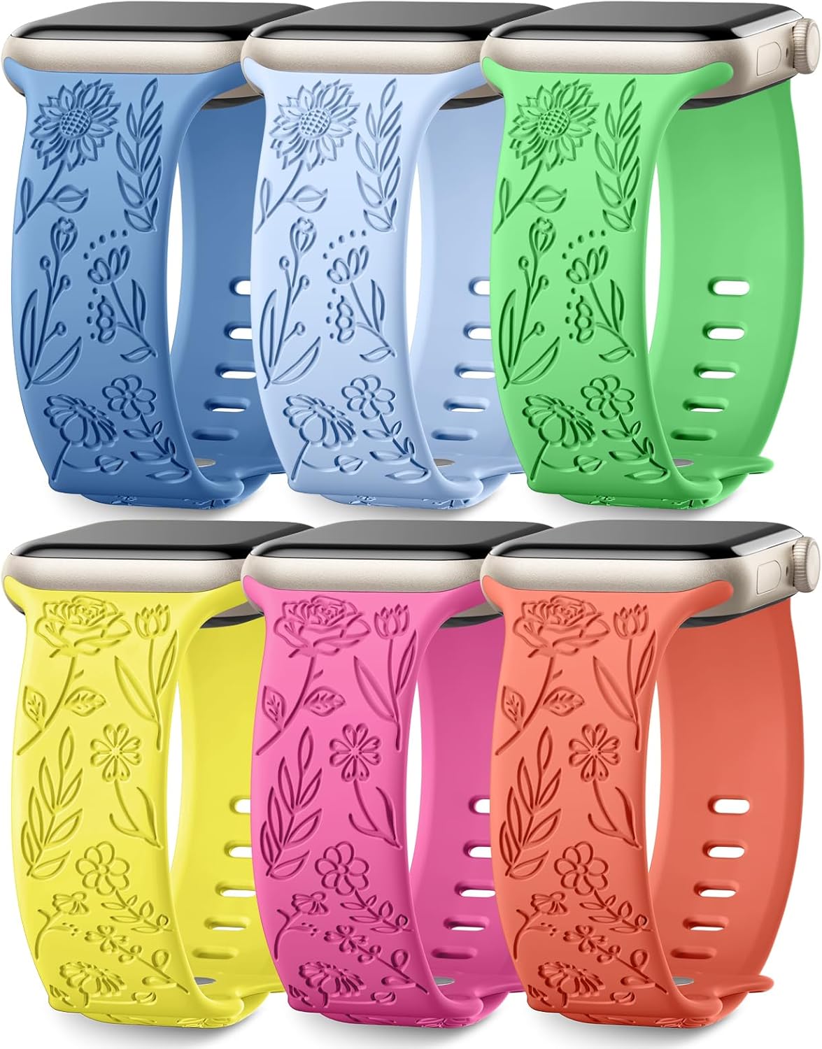 SNBLK 6 Pack Floral Engraved Bands Compatible with