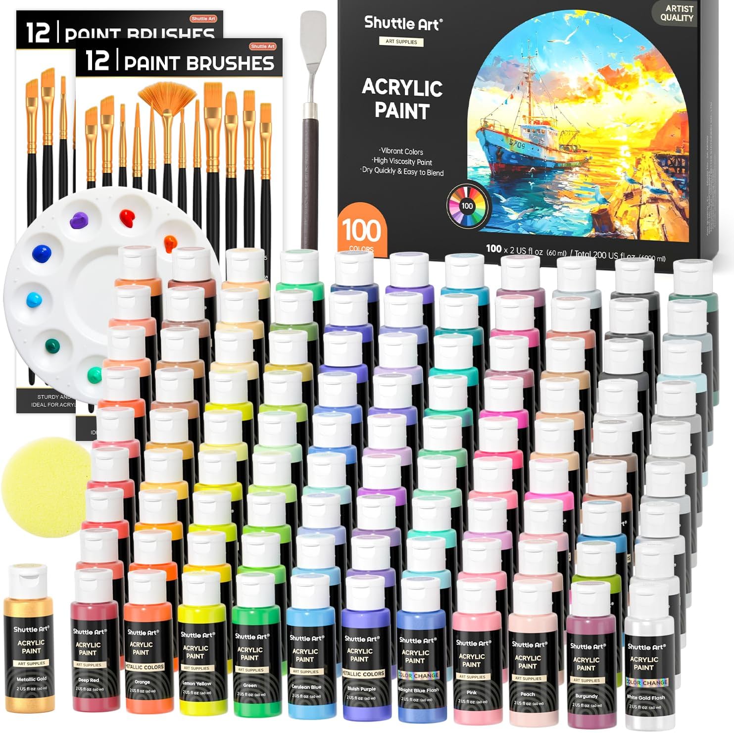 Shuttle Art 100 Colors Acrylic Paint, 2oz/60ml Bottles,