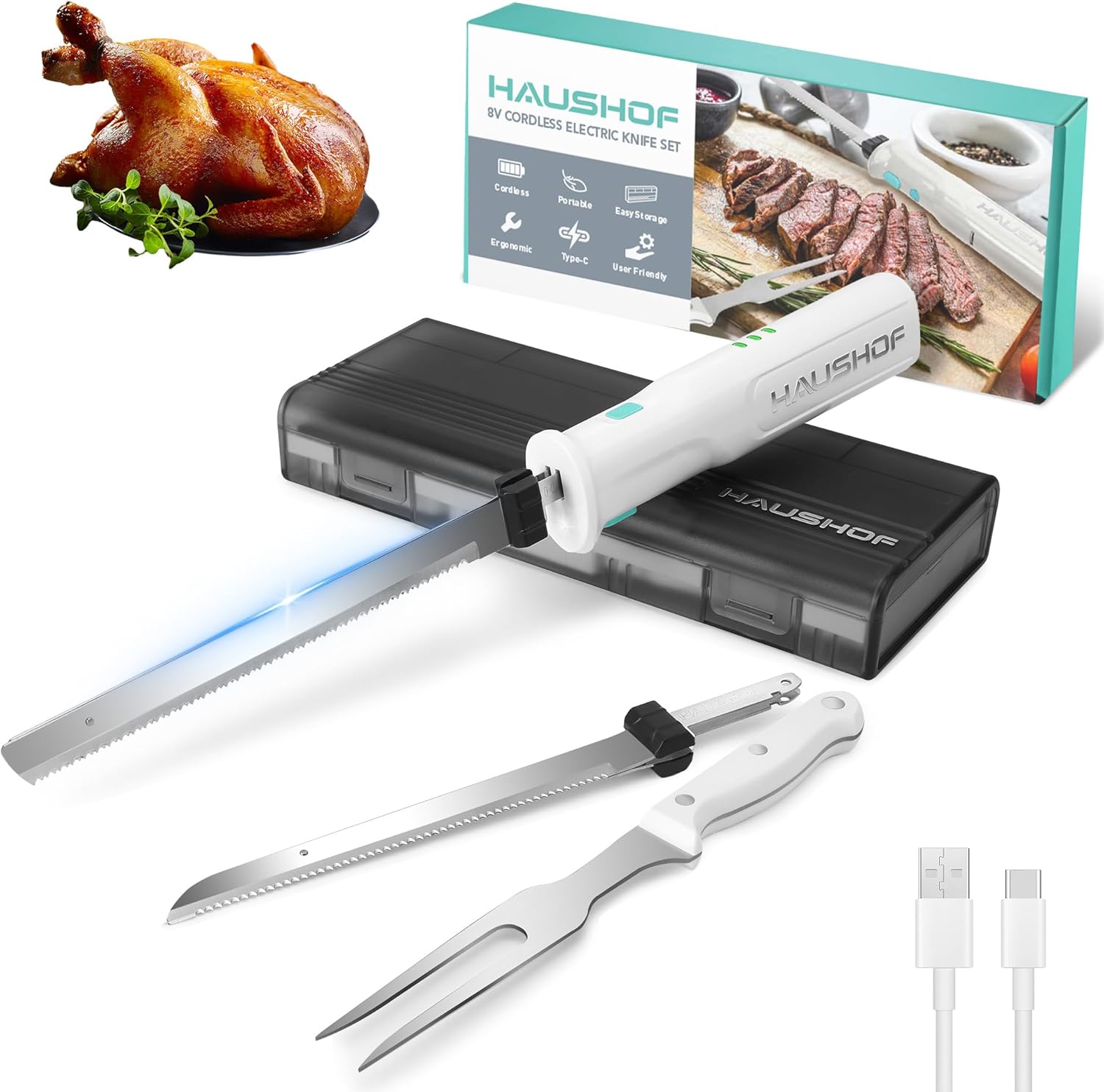 HAUSHOF Cordless Electric Knife Set for Meat Slicing,