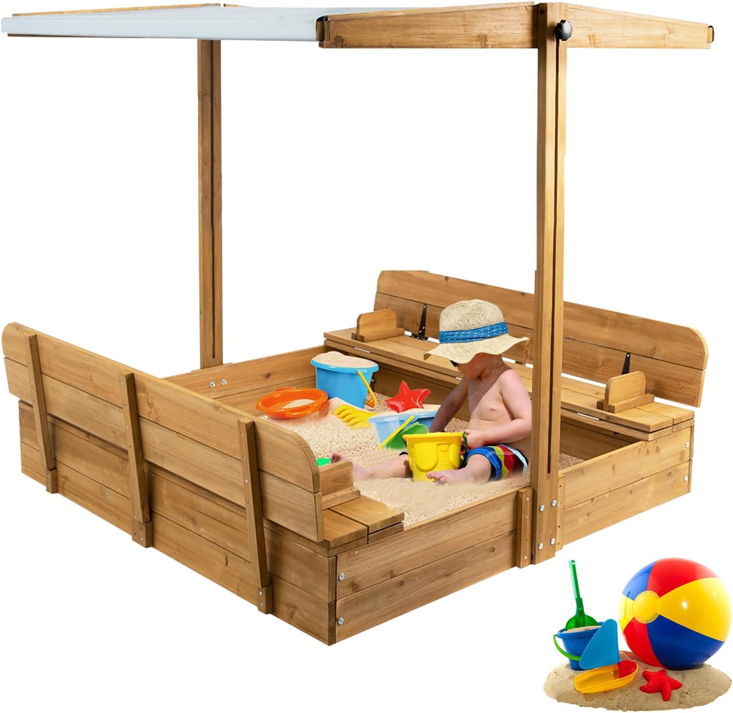 Wooden Sandbox with Lid, Kids Sandbox with Canopy