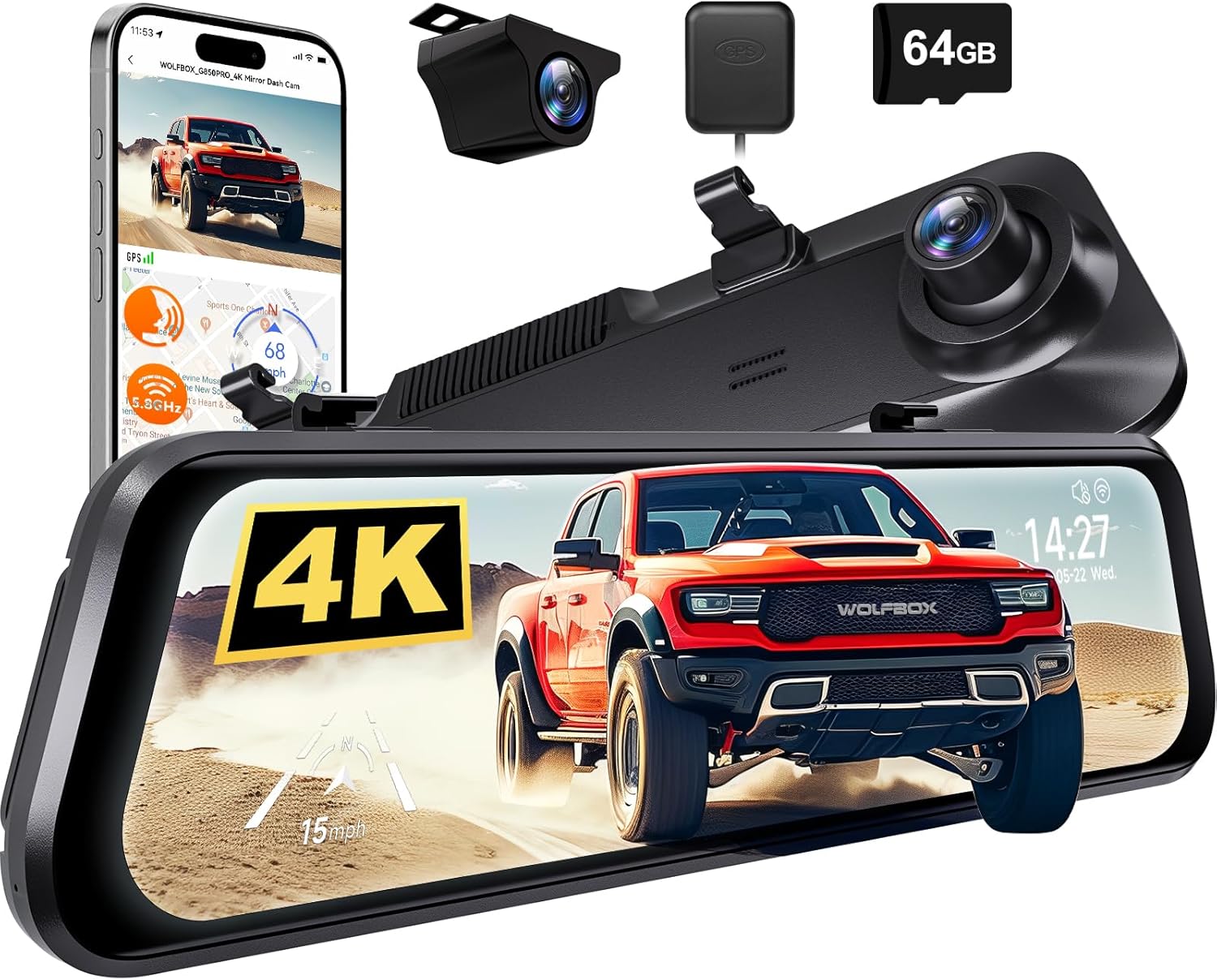 WOLFBOX G850 PRO 4K Mirror Dash Cam with